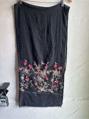 Whimsigoth Embroidered Floral Black Scarf Fairycore Boho Garden Wrap 72”x34”